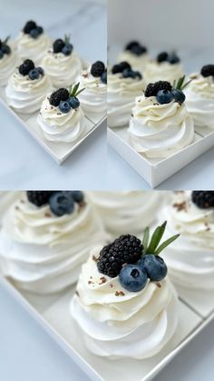 three pictures of cupcakes with white frosting and blueberries on top are shown