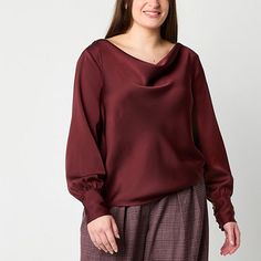 Crafted in a loose silhouette from lightweight satin, this women's Worthington blouse is designed to flatter your style. It has a cowl nack and back with a self-tie and blouson long sleeves with button cuffs. Pair it with tailored pants or jeans.Strap Type: SpaghettiClosure Type: Pullover HeadFit: Loose FitNeckline: Cowl NeckSleeve Length: Long SleeveSleeve Style: Cuffed SleeveApparel Length: 22 InchesFiber Content: 100% PolyesterFabric Description: TwillCare: Tumble Dry, Machine WashCountry of Cheap Crew Neck Blouse For Winter, Affordable Red Evening Blouse, Cheap Stretch Red Blouse, Cheap Solid Winter Blouse, Cheap Solid Color Winter Blouse, Cheap Solid Color Party Blouse, Affordable Long Sleeve Festive Blouse Piece, Cheap Long Sleeve Blouse With Back Button Closure, Cheap Long Sleeve Red Blouse