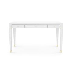 a white table with two drawers and gold handles on the top, against a white background