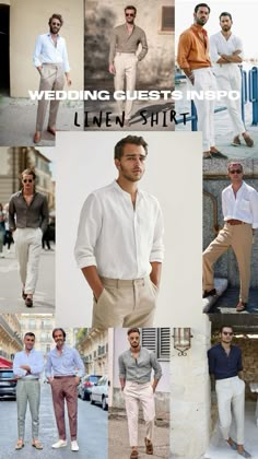 a collage of men's clothing in different styles and colors with the words wedding guest linen shirt