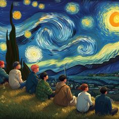 several people sitting on the grass looking at an art work that looks like a starry night