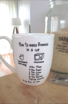 a coffee cup with instructions for how to make brownies in a cup on it