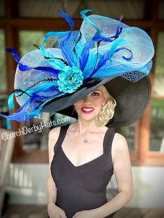 Stunning black hat with shades of blue will fit most head sizes with stretch cord inside hat comes with hat box free ups shipping! Hat Making Supplies, Big Hats, Easter Wedding, Kentucky Derby Hats