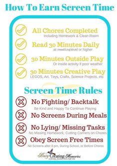 a poster with instructions to learn how to earn screen time on the computer or tablet