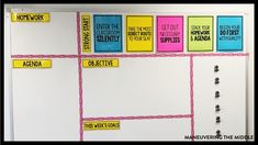 a bulletin board with several different types of sticky notes attached to the wall and magnets on it