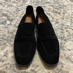 Brand New, Rich Black Suede Loafers. Super Soft Suede And Very Comfortable. Black Plain Toe Loafers For Fall, Black Plain Toe Flats For Work, Black Suede Closed Toe Loafers, Black Moccasins With Removable Insole For Business Casual, Black Flat Moccasins For Workwear, Black Flat Heel Moccasins For Business Casual, Black Suede Loafers For Business Casual, Black Flat Loafers For Business Casual, Black Slip-on Flats For Business Casual