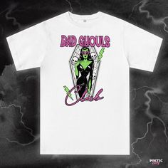 Arise from your spooky slumber and join our Bad Ghouls Club. Available in a variety of printed colours. (Check out our limited edition Lime Green t-shirt print limited to a 25 print run!) For sizing, please refer to the Unisex size guides pictured. UK - Size guide. XS - 3XL (100% organic cotton tee) USA - Size Guide. XS - 3XL (100% soft ringspun cotton tee) White Halloween T-shirt With Front Print, Green Halloween T-shirt For Streetwear, Unisex Halloween T-shirt With Screen Print, Spooky Cotton T-shirt For Fan Merchandise, Horror Themed Cotton T-shirt With Character Print, Horror Character Print Cotton T-shirt, Halloween Punk T-shirt With Sublimation Print, Punk Halloween T-shirt With Sublimation Print, Halloween White T-shirt With Front Print