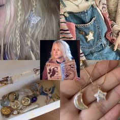 a collage of photos with various jewelry items and a woman's hand holding an open book