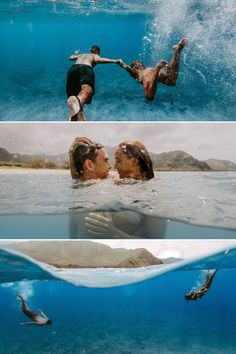 two people are swimming in the water