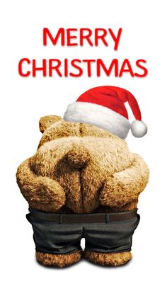 a teddy bear wearing a santa hat and black shorts with the words merry christmas on it