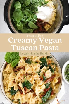 creamy vegan tuscan pasta in a pot with spinach and parmesan cheese