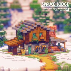 an image of a small house made out of lego bricks and wood with the words spruce lodge above it