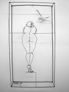 a black and white drawing of a woman standing in front of a bird on the wall