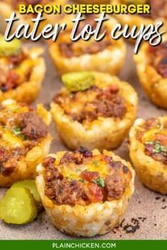 mini bacon cheeseburger tater tot cups with pickles on the side