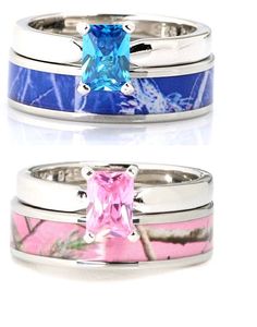 two wedding rings with pink, blue and white camo inlays on them