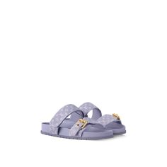 LOUIS VUITTON® - Bom Dia Flat Comfort Mule - Lilac Shoes Louis Vuitton, Luxury Sandals, Trunk Bag, Girly Shoes, Louis Vuitton Official, Wallet Pouch, Buckle Shoes, Monogram Bag, Silver Jewelry Fashion