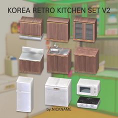 the korean kitchen set v2 is made up of wooden cabinets, appliances and other items