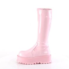 2" (51mm) Platform Baby Pink Holo Stretch Knee High Boot , Full Length Inner Side Zip Closure | Demonia SLACKER-200 Stretch Knee High Boots, Alternative Shoes, Single Sole Heels, Demonia Shoes, Festival Shoes, Platform Boots Chunky, Punk Boots, Gogo Boots, Cosplay Shoes