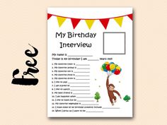 a birthday card with an image of a monkey holding balloons and the words, my birthday interview