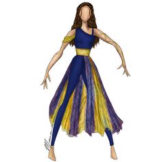 a drawing of a woman in a blue and yellow dress with her arms spread out