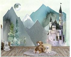 two teddy bears sitting on a rug in front of a castle backdrop with mountains and trees