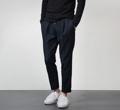 Baggy ankle trousers in black, light grey, dark grey. TAW15003 $88.00 Simple Sneakers, Simply Aesthetic, Ankle Trousers, Flattering Outfits, Styling Fashion, Fashion Menswear, Girl Inspiration, Gentleman Style, Sneakers Men Fashion