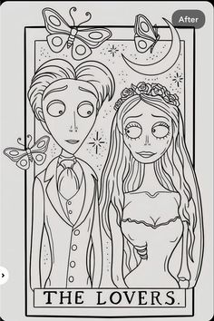 the lovers coloring page with two people in wedding dress and butterfly on their foreheads