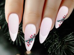 Wreath Christmas Nails, Wreath Nails Christmas, Christmas Garland Nails, Christmas Poinsettia Nails, Pink December Nails, Christmas French Tips Square, French Tip Nails With Snowflake Design, Christmas Light Nails Acrylic, Holly Nails Christmas