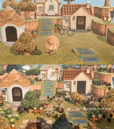 two pictures of the same area with houses and animals in it, one has a dog house