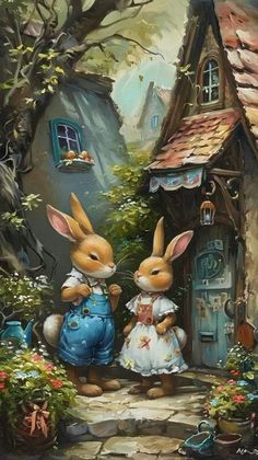 two rabbits are standing in front of a house