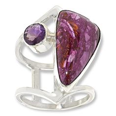 Jay King Sterling Silver Purple Spiny Oyster Shell and Amethyst Ring  If you love unique jewelry finds, then this Jay King exclusive ring might be for you. The contemporary-style piece features a double band connected by a triangular cut of purple spiny oyster shell. Finished with a pretty purple amethyst, it's the kind of piece that's sure to set you apart from the crowd!       Approx. 1-1/16"L x 13/16"W x 3/8"H; shank 1/2"W     Stamped .925     Contemporary-style ring has double band connected via bezel-set, triangular purple spiny oyster shell     Round, bezel-set amethyst accent   Stone Information       All sizes and weights approximate     Stabilized Compressed Color-Enhanced Purple Spiny Oyster Shell - Freeform (12x21mm); harvested in Mexico     Stabilized Amethyst - Round (6mm); 0. Purple Gemstone Fusion Rings, Purple Natural Stones Rings For Anniversary, Purple Fusion Style Round Jewelry, Adjustable Amethyst Ring With Natural Stones For Anniversary, Purple Natural Stones Anniversary Rings, Unique Purple Jewelry For Anniversary, Multi-stone Purple Jewelry For Anniversary, Purple Multi-stone Jewelry For Anniversary, Amethyst Ring With Natural Stones For Anniversary