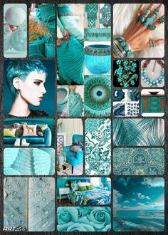 a collage of blue and green images with different designs on them, including jewelry