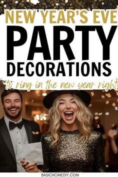 new year's eve party decorations with two people in black tuxedos and gold sequins