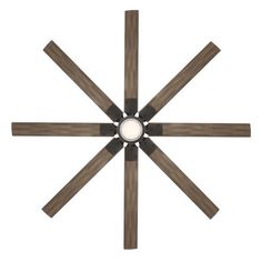 a ceiling fan with five wooden blades and a white light in the center on an isolated background