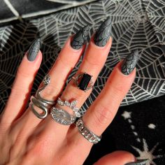 Fierce statement ring featuring a rectangular black onyx gemstone set within Gothic accents. made of non-tarnish stainless steel adjustable ring band for sizes 6-9 available in gold or silver Wicked Inspiration: The Mistress of all Evil, and most misunderstood villain, Maleficent. Inspired by the ring she wears in the Disney movie, Sleeping Beauty. Witchy Nails Halloween, Salem Witch Nails, Salem Nails Ideas, Wednesday Adams Nails Ideas, Morticia Nails, Black Witch Nails, Cool Halloween Nails, Corpse Bride Nails, Dark Halloween Nails