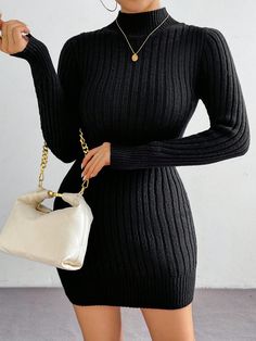 Solid Stand Collar Ribbed Knit Long Sleeve Sweater Dress In Black, Elegant Black Elegant  Long Sleeve Knitted Fabric Plain  Slight Stretch  Women Clothing, size features are:Bust: ,Length: ,Sleeve Length: All White Outfit, Long Sleeve Sweater Dress, High Neck Long Sleeve, Knit Long Sleeve, Inspiration Mode, White Outfits, Long Sleeve Knit, Maternity Bag, Active Wear For Women