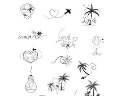 various tattoos with the words love and palm trees in black ink on a white background