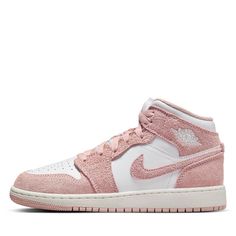 * Leather upper   * Suede overlay   * Perforated toe box   * Encapsulated Air unit   * Cupsole midsole   * Rubber outsole   * Color: White/Legend Pink/Sail   * Style: FN7432-161 Jordan 1 Mid Rose, Pink Leather High-top Sneakers With Round Toe, High-top Synthetic Basketball Shoes With Speckled Midsole, Skate Shoes With Speckled Midsole And Round Toe, Synthetic Skate Shoes With Speckled Midsole And Round Toe, Jordan Leather Shoes With Rubber Sole And Round Toe, Leather Jordan Shoes With Rubber Sole And Round Toe, Leather Jordan Shoes With Rubber Sole, Leather Mid-top Skate Shoes With Perforations