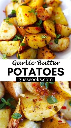 garlic butter potatoes with parsley on top and another side dish in the bottom photo