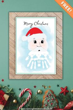 a christmas card with an image of santa claus on it and candy canes around the edges