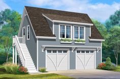 This detached garage plan gives you 638 square feet of parking space and displays a traditional exterior; the perfect addition to any style of home. A double garage can be found on the main level, with a timber arbor overhang above the garage doors. The stairs reside on the exterior of the garage, and lead to a spacious, unfinished space. Use this as a storage room or finish it out as a playroom, man cave or home office. Garage Bunkhouse, House Plans With Detached Garage, Garage Cottage, Garage Redo, Garage Extension, Garage Plans With Loft, 2 Car Garage Plans, Garage Plans Detached, Plan Garage