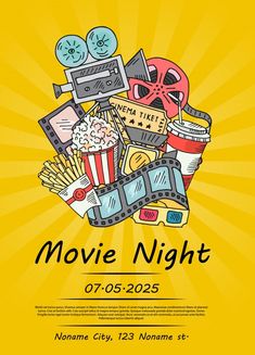 a movie night poster with popcorn, movies and other things in the box on yellow background