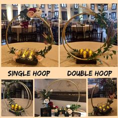 four images show different ways to decorate a circle with candles and flowers in it, along with other photos showing how the centerpieces are arranged