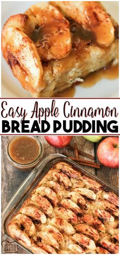 easy apple cinnamon bread pudding recipe with apples in the background