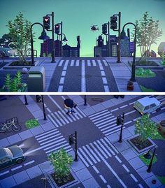 two screens show an intersection with cars and people walking on the street at dusk or dawn