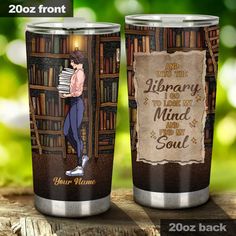 two personalized stainless steel tumblers with an image of a man holding books