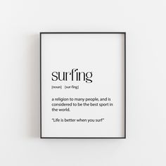 a black and white framed print with the words surfing in different languages, on a white background