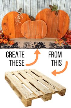 the steps to make a diy pallet bench for fall with pumpkins and leaves