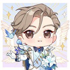 an anime character with angel wings and flowers on his chest, wearing a white shirt