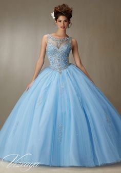 Quinceanera dresses by Vizcaya Embroidery and Beading on a Tulle Ball Gown Matching Stole. Colors: Bahama Blue, Blush, Champagne, White. Quinceanera Makeup Ideas, Turquoise Quinceanera Dresses, Mori Lee Quinceanera Dresses, Light Blue Quinceanera Dresses, Quinceanera Makeup, Baju Kahwin, Cinderella Theme, Quinceanera Dresses Blue